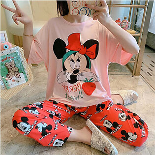 Cotton Printed Mickey Minnie Pajama suit Baby pink