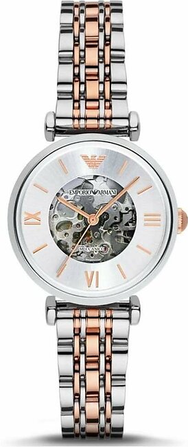 Emporio Armani Gianni T Bar Silver Dial Two Tone Steel Strap Watch for Women - AR1992