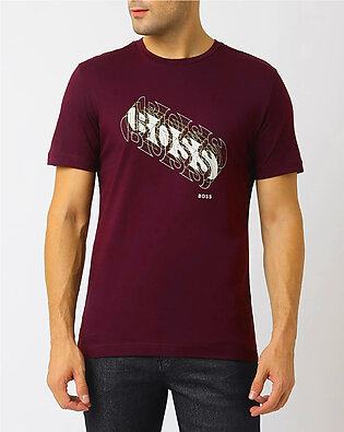 HUGO BOSS Brand Print Crew-Neck T-Shirt In Maroon