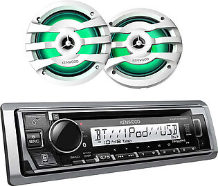 Kenwood Marine Bluetooth Single DIN CD Receiver W/ Pair of 6.5" LED Speakers