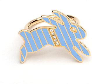 Gold and Diamond Stripe Blue Enamel Bunny Ring