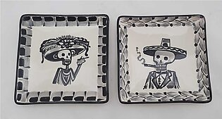Catrina Bread Square Plate / Tapa Plate 5*5" Set of 2 Black and White