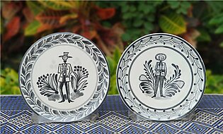 Catrina Bread Plate / Tapa Plate 6.3" D Black and White Set of Los Compadres (2 pieces)