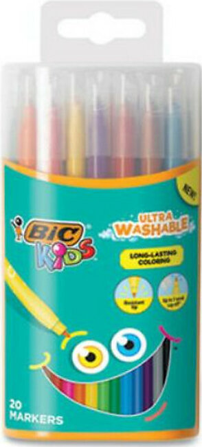 Bic Corporation BKCMD20AST Kids Ultra Washable Markers In Plastic Tube, Medium Bullet Tip, Assorted Colors, 20/pack