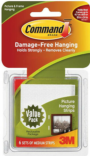 Command Medium Picture Hanging Strip - Plastic - Removable - 6 / Pack - White (MMM17204)