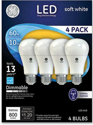 Sli Lighting 67615 Led Soft White A19 Dimmable Light Bulb, 10w, 4/pack