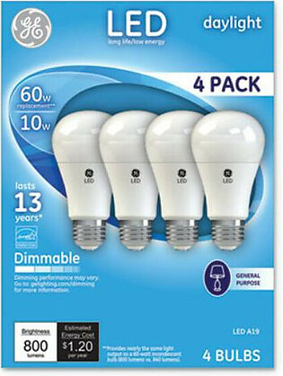 Sli Lighting 67616 Led Daylight A19 Dimmable Light Bulb, 10w, 4/pack