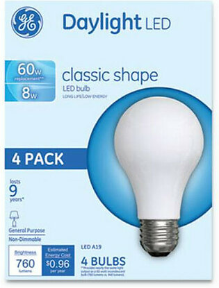 Sli Lighting 99192 Classic Led Daylight Non-dim A19 Light Bulb, 8w, 4/pack