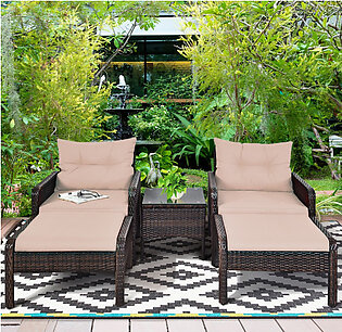 Rattan 5-Piece Patio Furniture Set with Chairs, Ottomans and Table