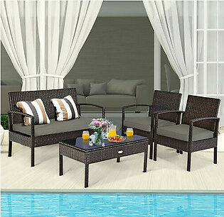 Rattan 4-Piece Patio Furniture Set with Glass Top Table