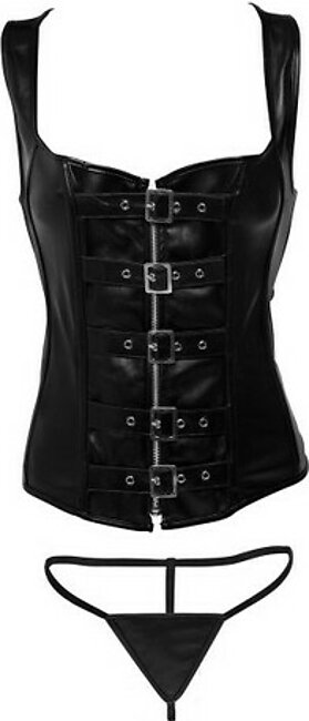 Women's Faux Leather Lace-up Corset & Thong