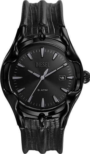 Vert three-hand date black leather watch