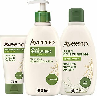 Aveeno Daily Moisturising Steps Skin Care Regime Set Body Wash Body Lotion and Hand cream Nourishes Sensitive and Dry Skin, 3 count