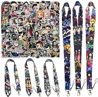 100-Pack of Demon-Slayer Stickers Pack with 6 Demon-Slayer Lanyards, Anime Cartoon Laptop Stickers for Phones, Water Bottles, Skateboards, Motorcycles, Cars, Bikes, Luggage