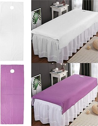 2 pieces disposable bed sheets Breathable waterproof polyester massage duvet, for Beauty Salon SPA massage couch cover with face hole Beauty Salon Spa massage table cover(White + purple)
