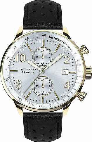 Accurist Mens 44mm Sports Japanese Quartz Watch in Silver Sunray with Chronograph Date Display, and Black Luxury Padded Leather Strap 7376.