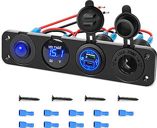 4 in 1 ON/OFF Blue Charger Socket Panel w/ PD Type C QC 3.0 USB Voltmete...