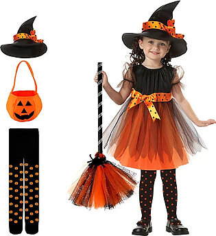 Baby Girls Halloween Witch Costume – Witch Dress Clothing Set Hat Pumpkin Bag