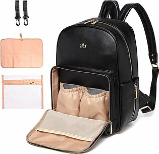 Leather Diaper Bag Backpack with Changing Pad & Stroller Straps