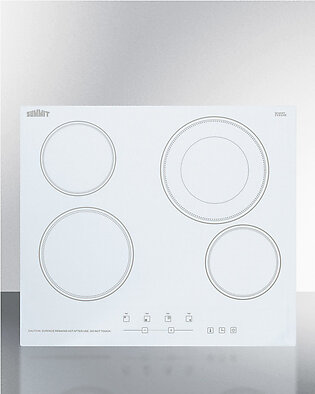 230V 4-burner cooktop in white ceramic Schott glass with digital touch controls and an extra large 8' dual cooking element