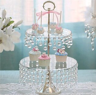 3-Set Cake Stands Round Cupcake Stands Dessert Display Stand with Pendants and Beads, Silver