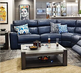 Blue Leather sectional Sofa With Curvy Wooden Handrest