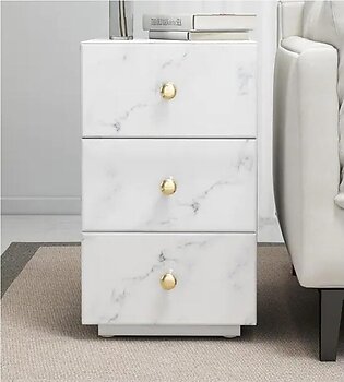 Classic Modernized Marble Texture Tempered Glass Night Stand With Drawers