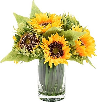 11" Artificial Sunflower Bouquet in Glass Vase with Acrylic Water