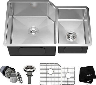 32" 60/40 Double Bowl Stainless Steel Undermount Kitchen Sink with NoiseDefend