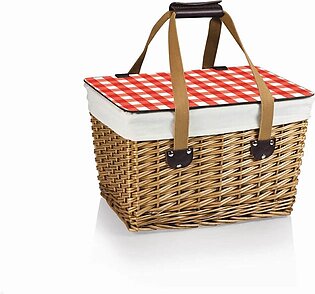 Canasta Wicker Basket, Natural Willow with Red Check Lid and Tan Lining