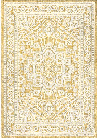 Sinjuri Medallion Textured Weave 120" L x 93" W Indoor/Outdoor Area Rug - Yellow/Cream