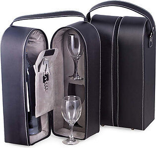 Leather Wine Caddy with Two Glasses and Bar Tool - Black