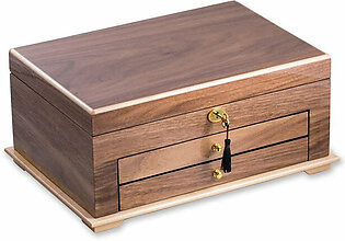 Lacquered Wood Three-Level Jewelry Box with Gold Accents and Locking Lid - Walnut