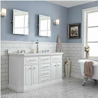 Palace 60" Double Bathroom Vanity Set in Pure White with Quartz Top, Hardware, Mirror in Chrome