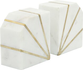 5" Polished Marble Bookends with Gold Inlays Set of 2 - White