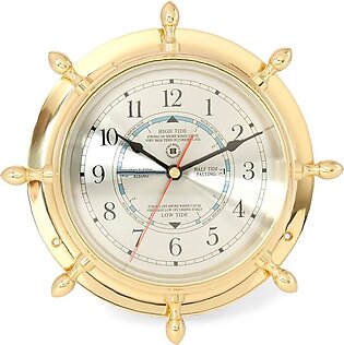 Lacquered Brass Ship's Wheel Tide and Time Quartz Clock with Beveled Glass