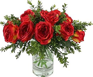 15" Artificial Red Roses in Glass Vase with Acrylic Water