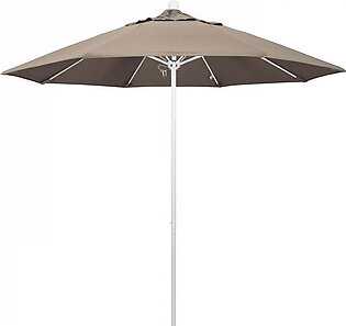 Venture Series 9' Patio Umbrella with Matted White Aluminum Pole Fiberglass Ribs Push Lift and Sunbrella 1A Taupe Fabric