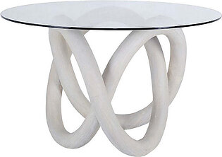 Knotty Round Dining Table with Clear Glass Top - White