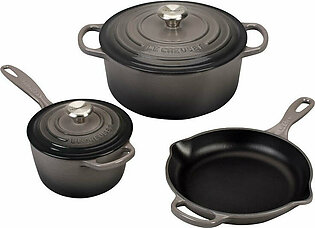 Signature Five-Piece Cast Iron Cookware Set with Stainless Steel Knobs - Oyster