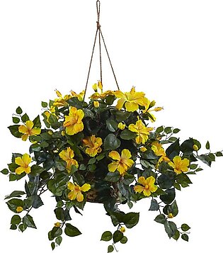 22" Faux Hibiscus Hanging Basket Yellow