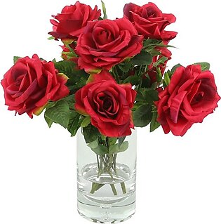 16" Artificial Red Roses in Glass Vase with Acrylic Water