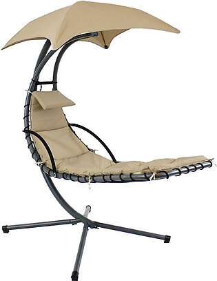 80" Floating Chaise Lounge Chair Swing with Umbrella - Beige