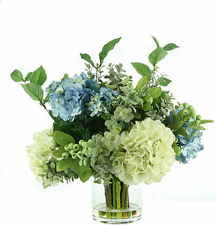 22" Artificial Mixed Floral Arrangement with Eucalyptus, Hydrangea, and Green Berries in Glass Vase