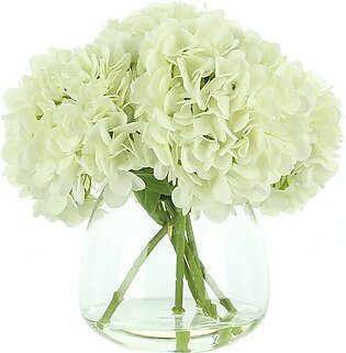 13" Artificial White Hydrangea Bouquet in Glass Vase with Acrylic Water
