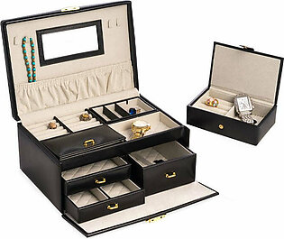 Leather Two-Level Three-Drawer Jewelry Box with Removable Travel Tray, Mirror and Locking Clasp - Black