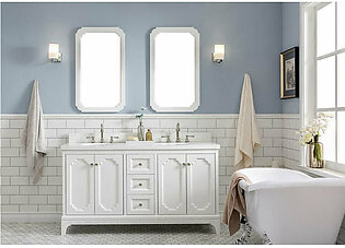 Queen 60" Double Bathroom Vanity in Pure White with Quartz Top, Mirror(s) and Faucet(s)