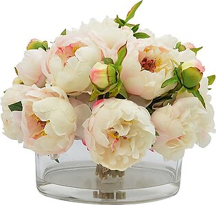 13.5" Artificial Soft White Peony Bouquet in Glass Vase with Acrylic Water