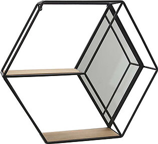 Metal/Wood 20" Hexagon Mirrored Wall Shelf - Black