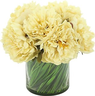 12" Artificial Cream Peonies in Glass Vase with Grass and Acrylic Water